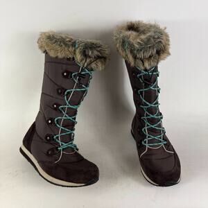 L.L. Bean Winter Snow Boots Women's 7 Brown Nylon Lace Up Fur Trim Mid Calf
